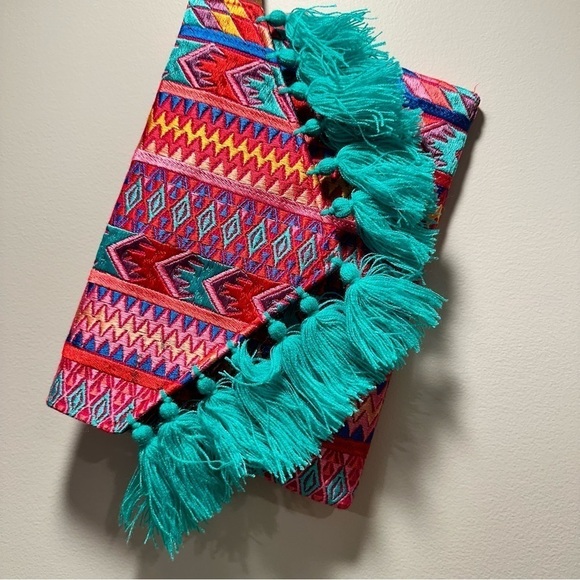 Ethnic Boho Large Clutch Suede Wristlet Bag Handmade Embroidery Tassels Indi NEW - Picture 4 of 16